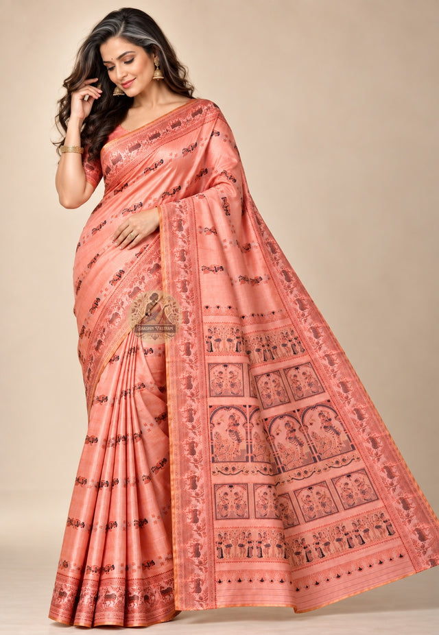 Front view of Swarnachari pure silk saree with Ramayana and Mahabharata golden zari mythology motifs handloom woven in Bishnupur West Bengal for weddings and Diwali