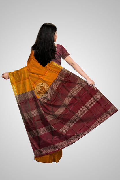 Close-up of pure silk saree weave showing natural sheen and intricate border craftsmanship