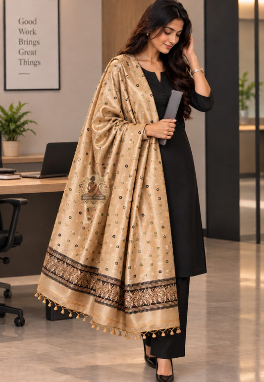 Front view of Baluchari pure silk stole with narrative Ramayana mythology and Bishnupur temple art motifs handloom woven in West Bengal for weddings Diwali and festive occasions