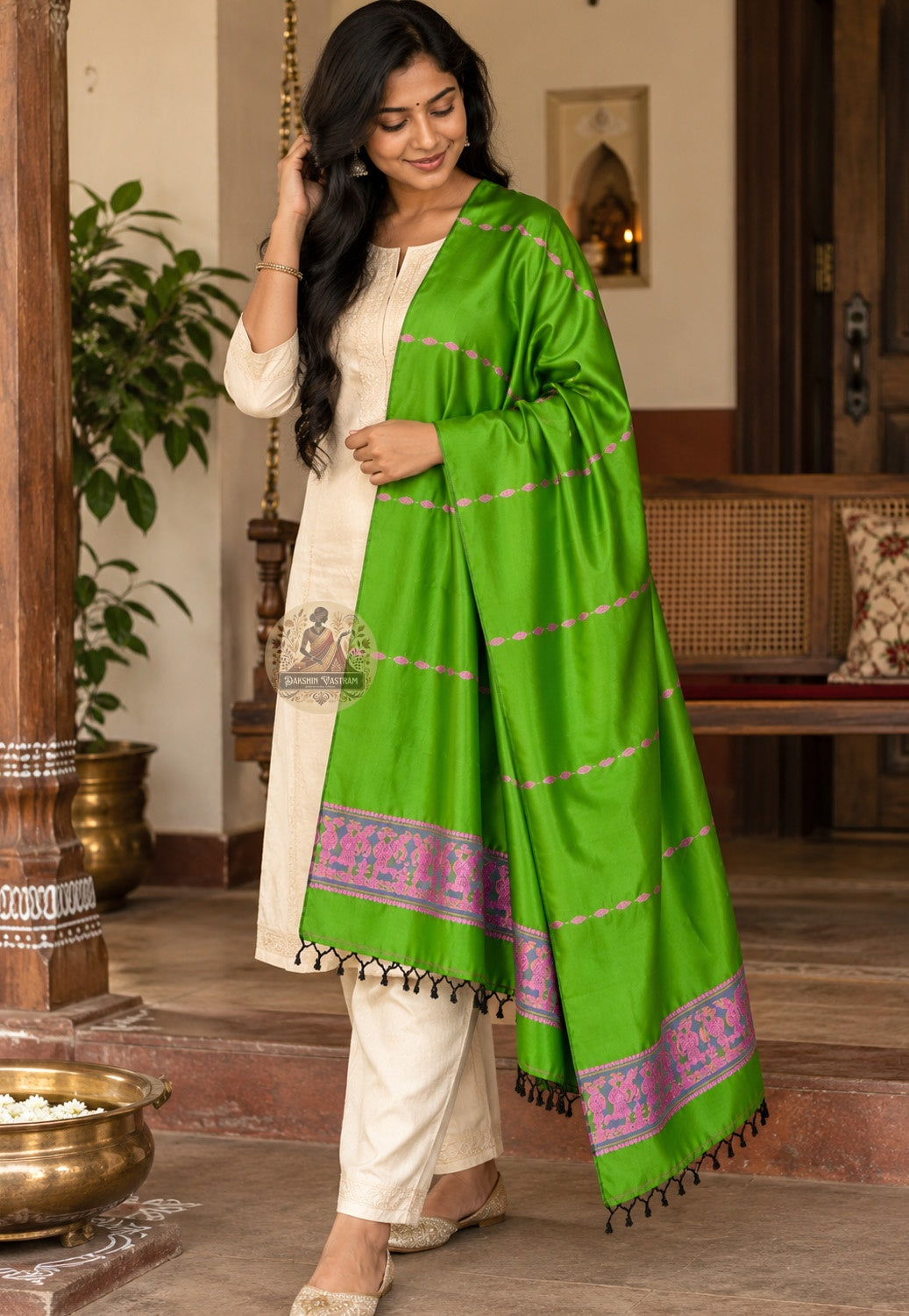 Front view of Bishnupur Baluchari silk wedding stole showing Ramayana and Mahabharata figures woven in fine pure silk thread for wedding receptions