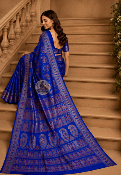 Full flat-lay of Swarnachari Pure Katan Silk Saree with matching blouse piece golden zari Mahalaya Mahishasura Mardini Bishnupur Bengal