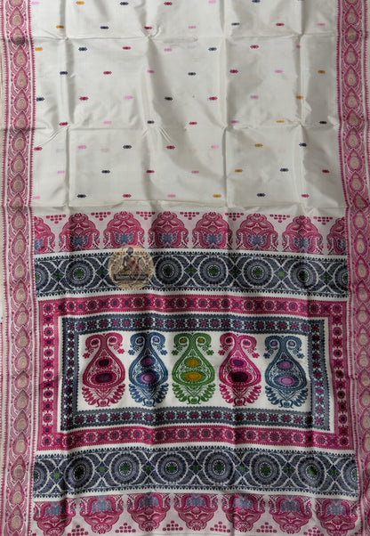 Side view of Baluchari Silk Saree showing pure silk drape and handloom woven cosmic disc and conch shell border