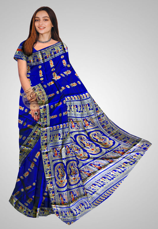 Front side view of Handloom Baluchari Saree with intricate patterns and luxurious fabric