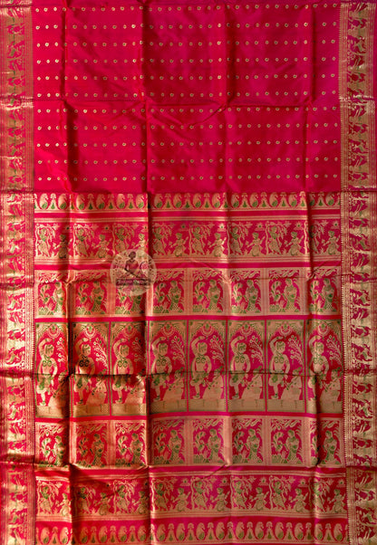 Rear view of Swarnachari silk saree showcasing fully expressed pallu with Ramayana Mahabharata and Bishnupur temple art golden zari compositions present in the memory of every occasion worn