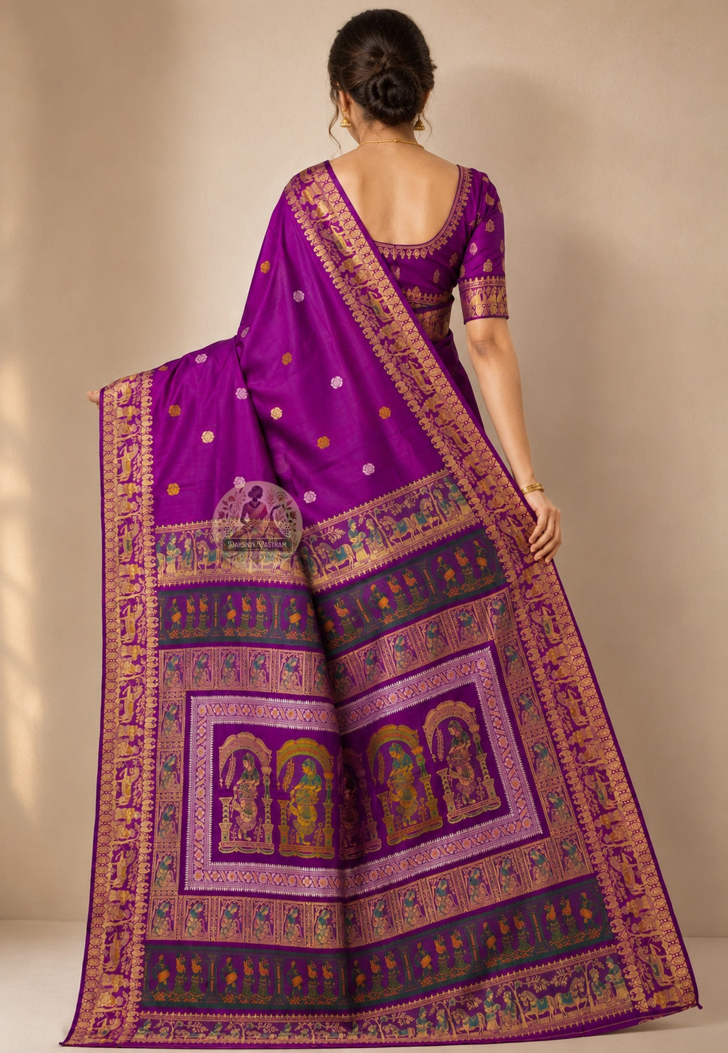 Rear view of Baluchari silk saree with narrative mythology motifs and pallu draped over the shoulder
