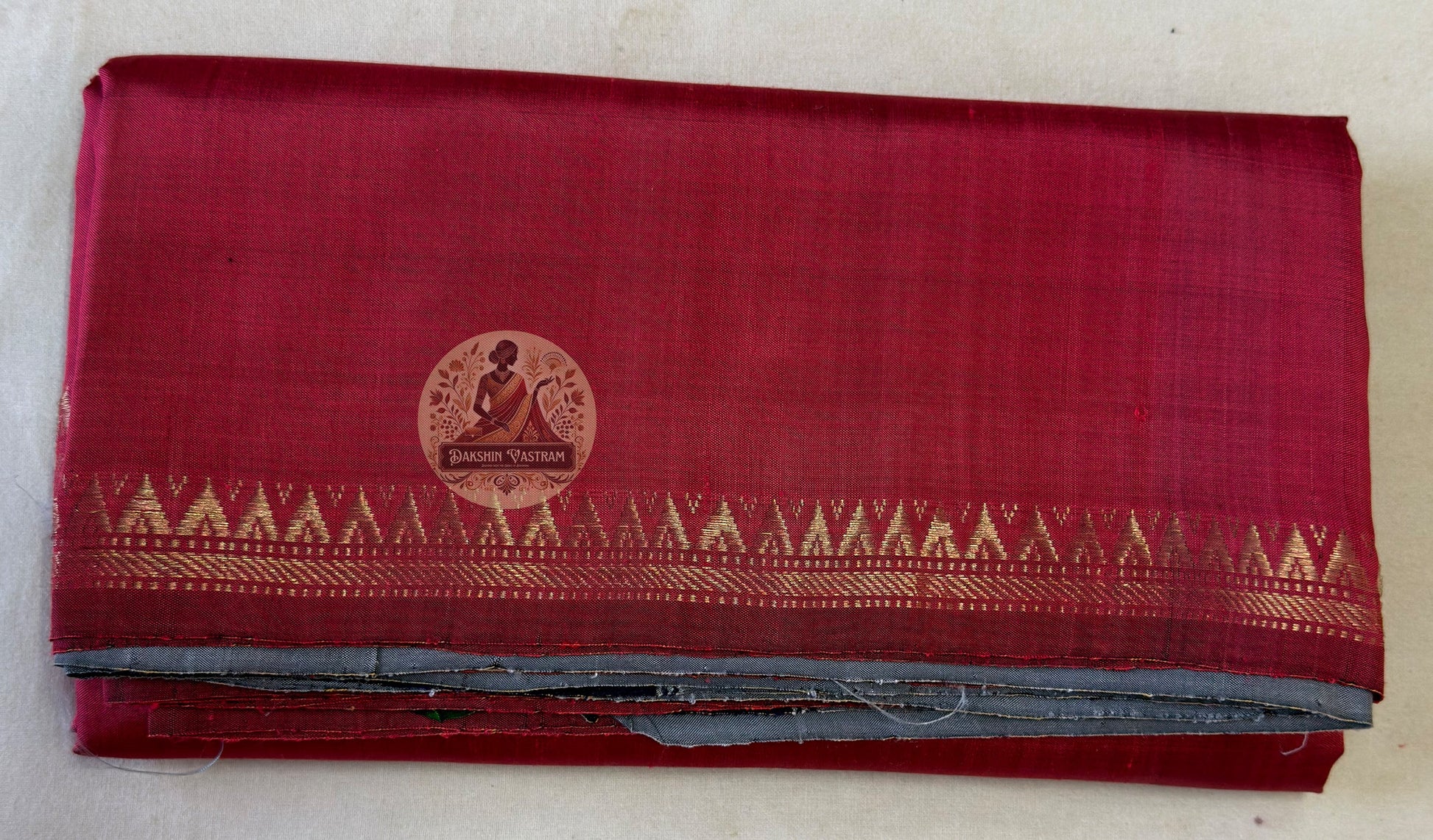 Full flat-lay of Bishnupur Pure Katan Silk Saree with matching blouse piece, handloom reception wear Bengal