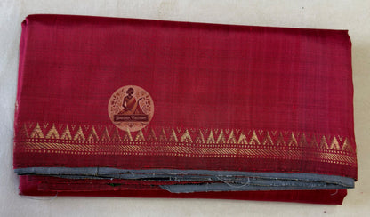 Full flat-lay of Bishnupur Pure Katan Silk Saree with matching blouse piece, handloom reception wear Bengal