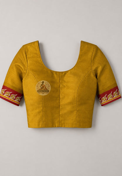 Front view of unstitched premium Katan silk blouse piece from Bishnupur Saree set, with matching woven border and deep silk sheen in coordinating tone