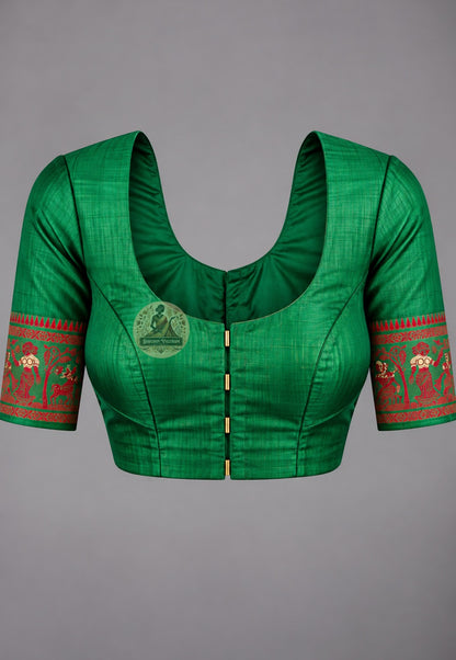 Matching blouse piece included with Bishnupur Baluchari pure mulberry silk narrative heirloom saree, pre-woven in the same Baluchari silk by Bishnupur artisan weavers West Bengal