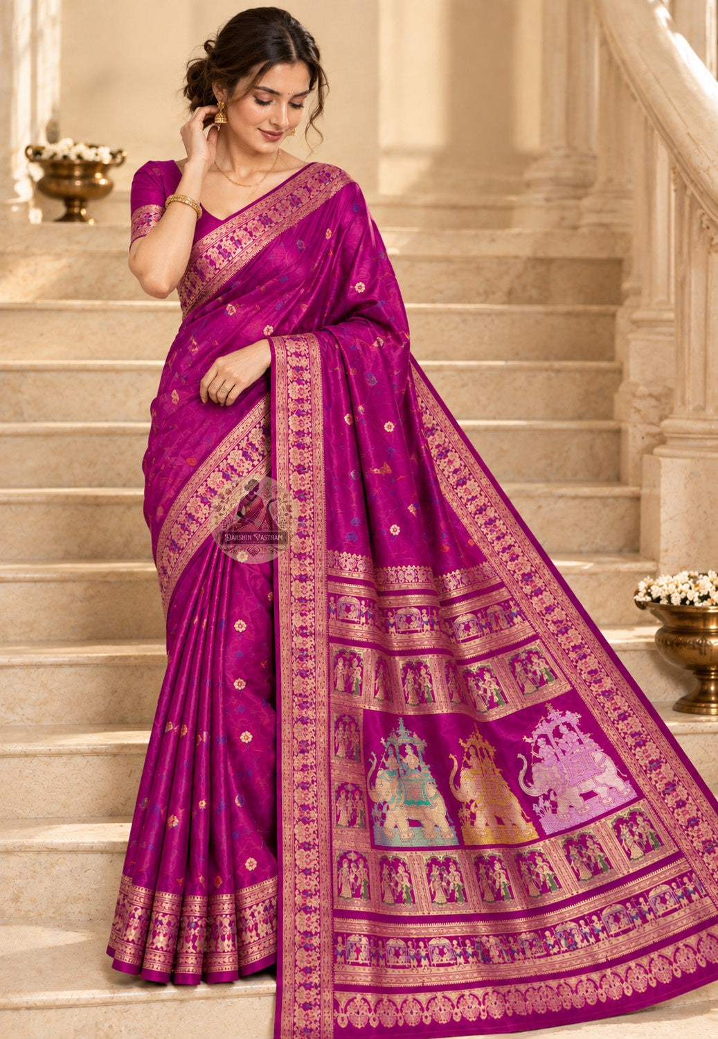 Front view of magenta Swarnachari silk saree with scattered motifs and gold-toned floral borders