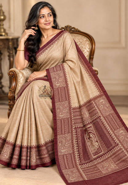 Side view of beige Ghicha Tussar silk saree showing the neutral body and contrasting maroon border