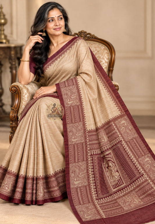 Side view of beige Ghicha Tussar silk saree showing the neutral body and contrasting maroon border