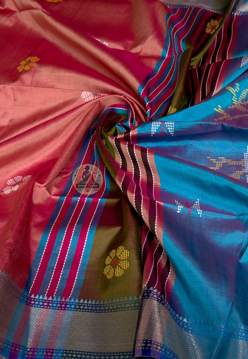 Close-up of lotus creeper border woven into pallu of Bishnupur Katan Silk Saree Bengal artisan handloom