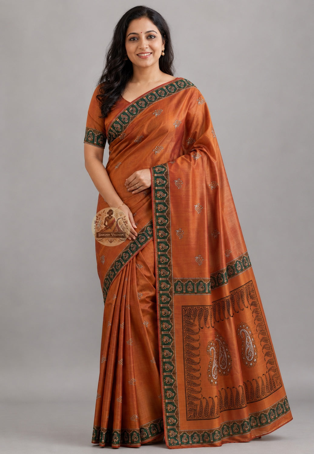 Side view of Bishnupur Pure Katan Silk Saree displaying the distinctive weighted fall and composed drape of pure Katan silk, handwoven for weddings and cultural celebrations across UK, USA, EU and India