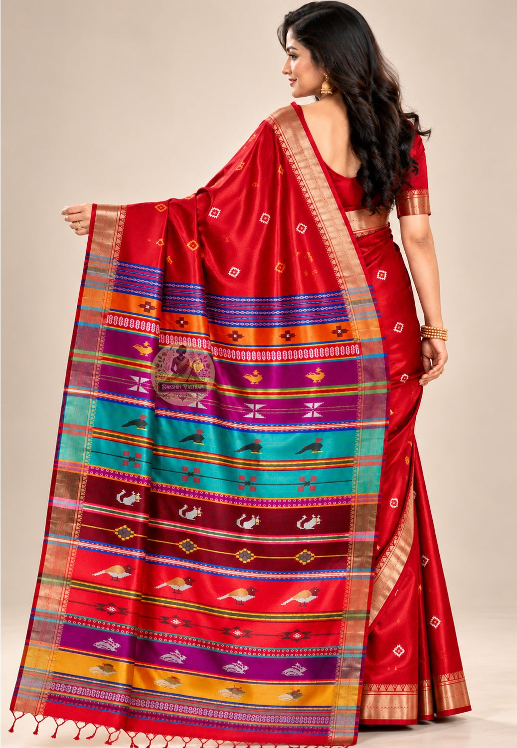 Side view of Bishnupur Katan pure silk collector's saree displaying natural smooth drape and structured silk weight for wedding receptions and classical cultural events