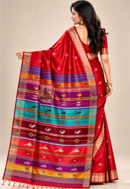 Side view of Bishnupur Katan pure silk collector's saree displaying natural smooth drape and structured silk weight for wedding receptions and classical cultural events