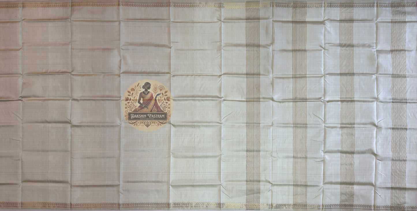 Overhead flat lay of pure silk saree from Bishnupur showing full 6-yard length, pallu detail and woven border