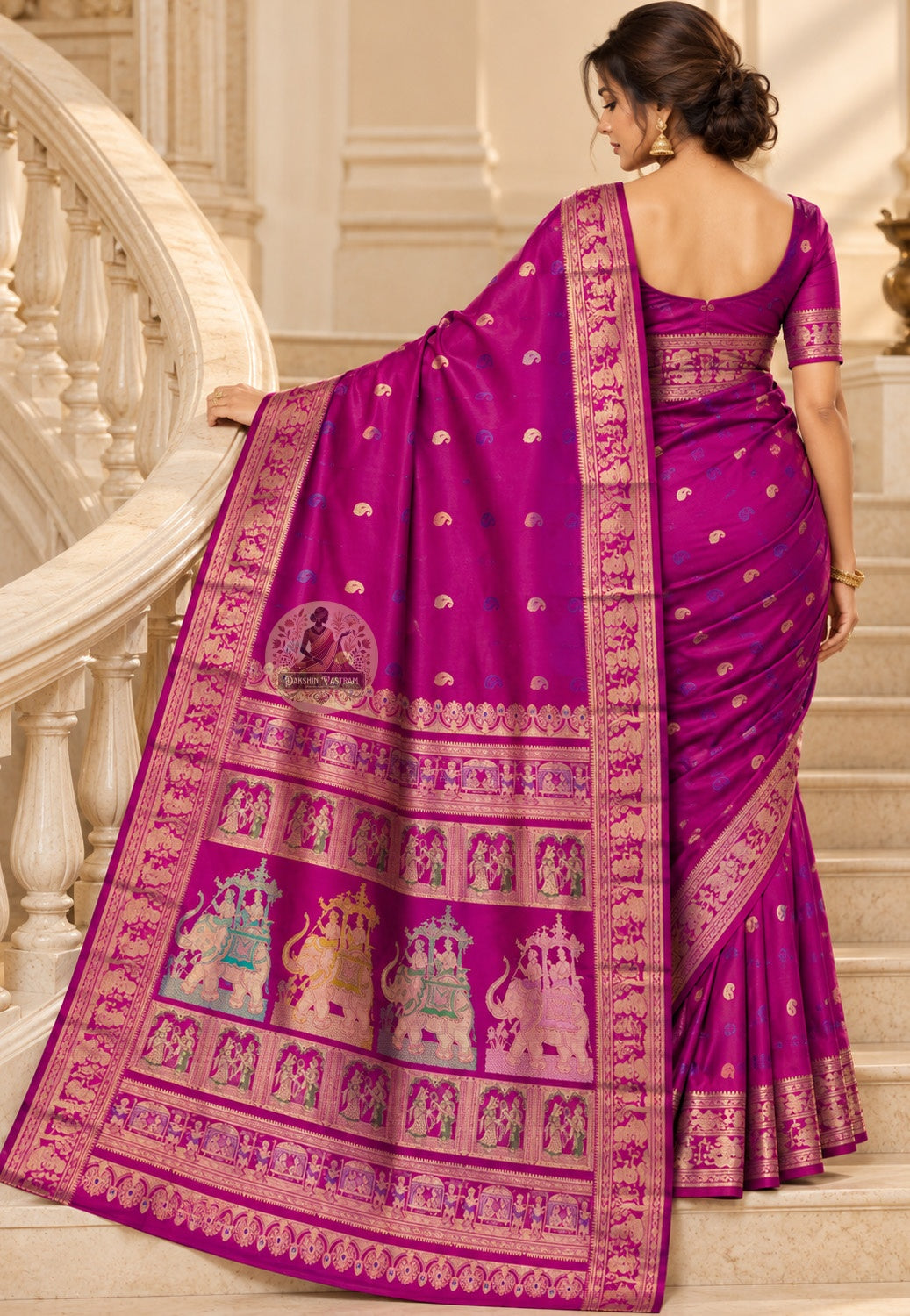 Side view of magenta Swarnachari silk saree showing the drape and patterned border
