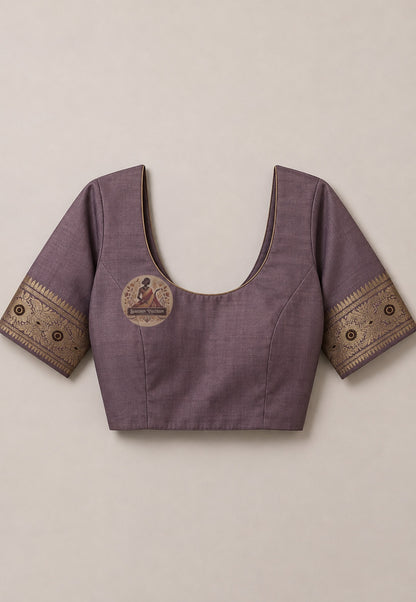 Matching unstitched blouse piece of Swarnachari silk saree in pure handloom silk with golden zari declaration border trim, included with saree for tailoring to complete the statement
