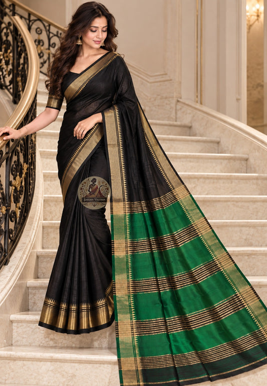 Front view of Bishnupur pure Katan silk saree showing smooth silk fabric and heritage Bengal buti motifs across the body
