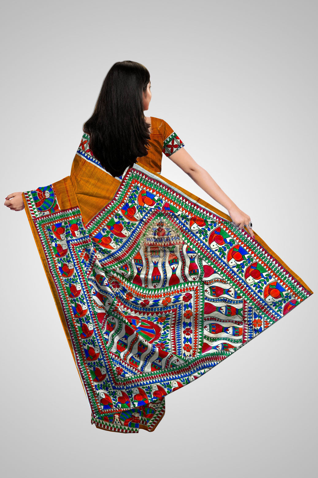 Shop Raw Silk Saree – Rear view showing pallu craftsmanship