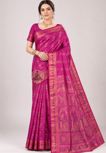 Front view of Swarnachari handloom silk saree with light-catching golden zari border and woven mythological motifs, West Bengal pit-loom tradition