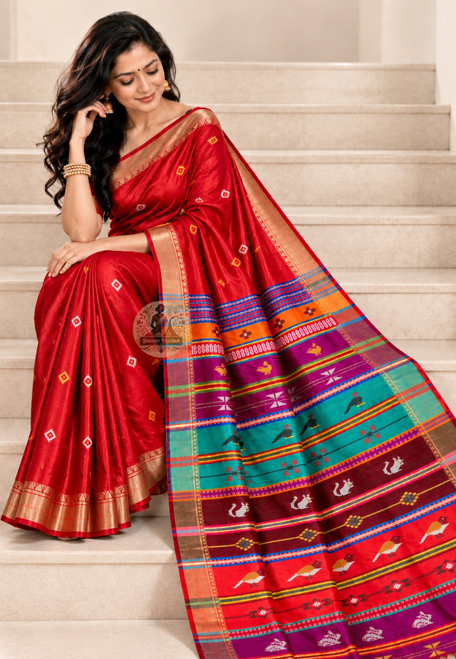 Front view of Bishnupur Katan pure silk collector's saree with traditional Bengal buti motifs, handloom woven on pit looms by artisan families in Bankura West Bengal