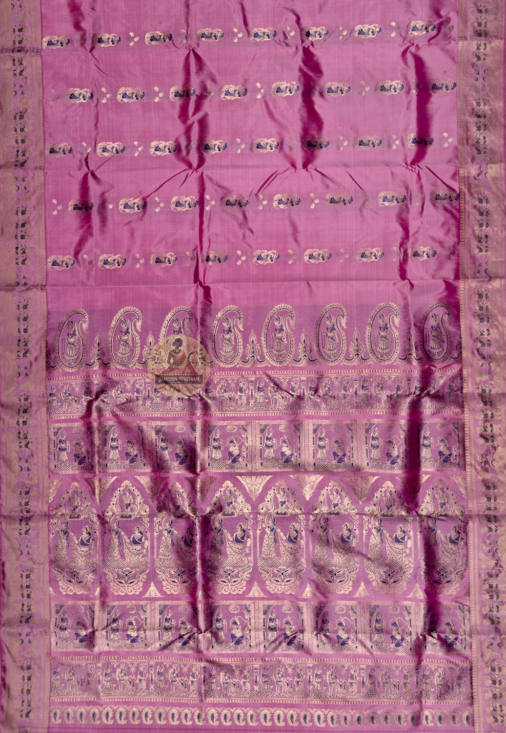 Side view of Swarnachari Pure Katan Silk Saree showing Navami festive drape and golden zari floral vine handloom border
