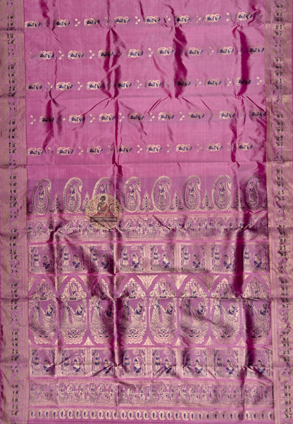 Side view of Swarnachari Pure Katan Silk Saree showing Navami festive drape and golden zari floral vine handloom border