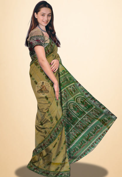Bengal pit loom Baluchari saree — precision woven fine motif detailing in lustrous pure silk