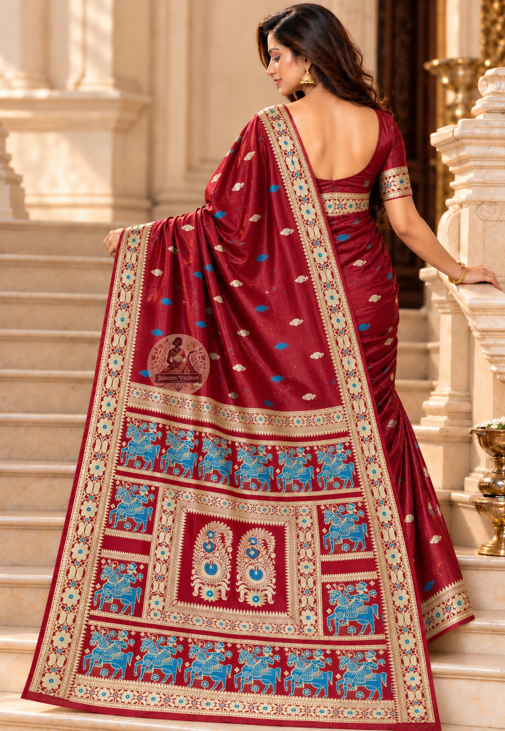 Side view of maroon Baluchari silk saree showing the drape and pale patterned border