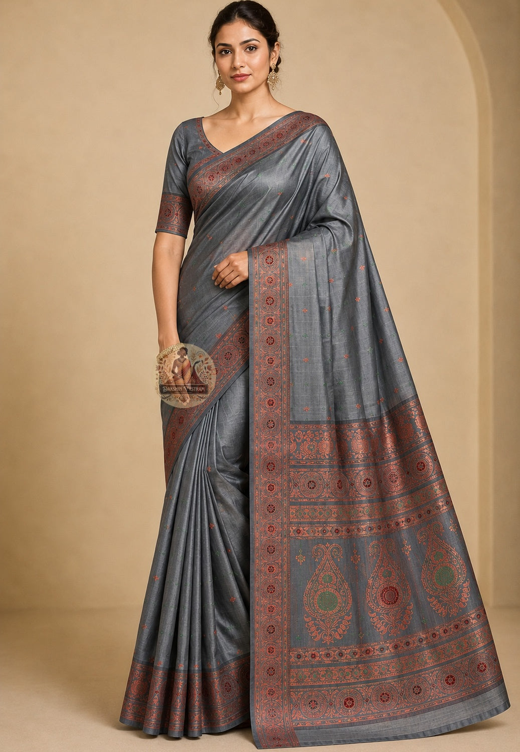 Front view of woman in premium Swarnachari pure silk saree, traditional Bengali drape with golden zari pallu fluent in Bengal's visual language over left shoulder, every thread a precise statement