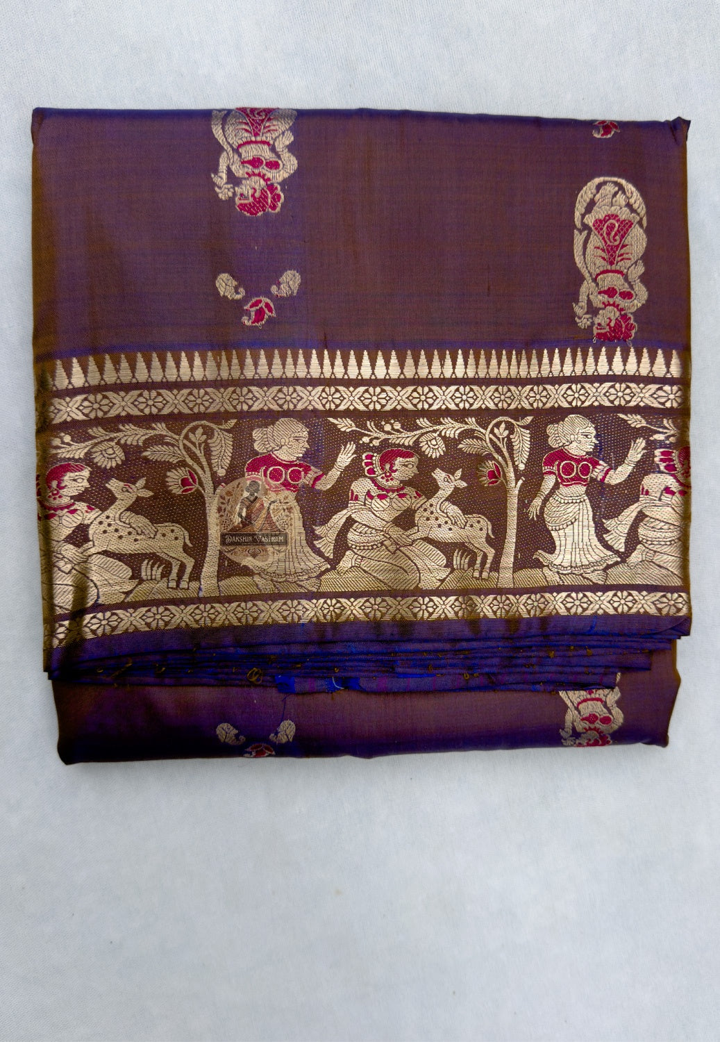 Full flat lay of Swarnachari silk saree with pure golden zari motifs and included blouse piece