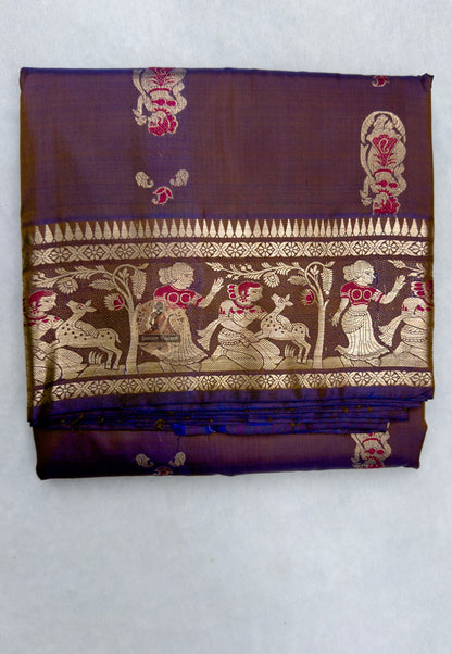 Full flat lay of Swarnachari silk saree with pure golden zari motifs and included blouse piece