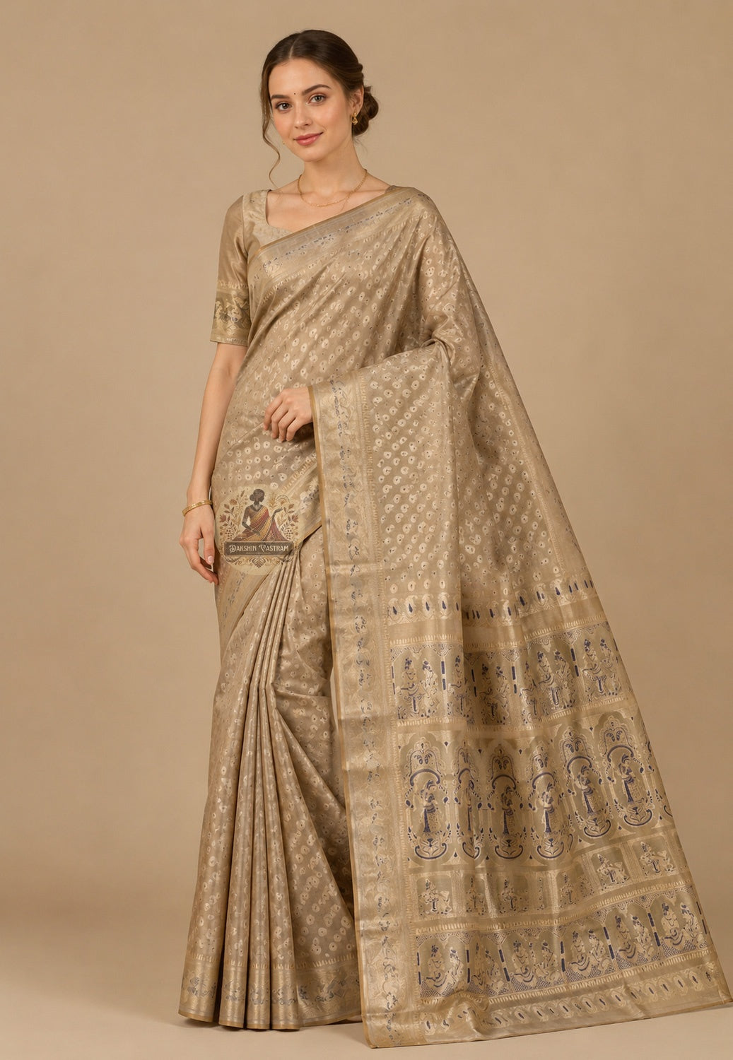 Front view of premium Swarnachari handloom silk saree with wide golden zari border and complex mythological motifs, West Bengal master weave