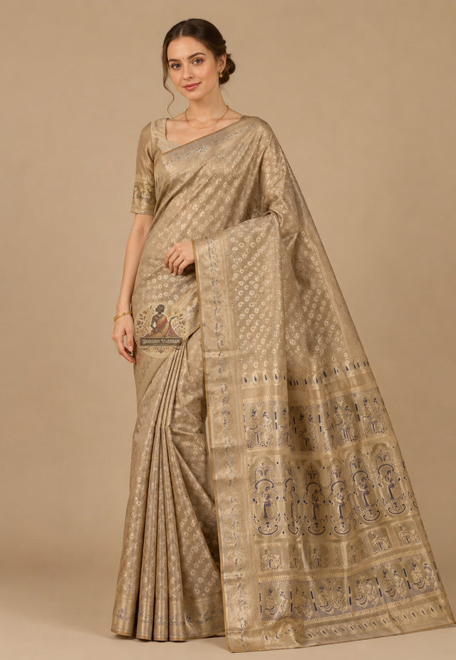Front view of premium Swarnachari handloom silk saree with wide golden zari border and complex mythological motifs, West Bengal master weave