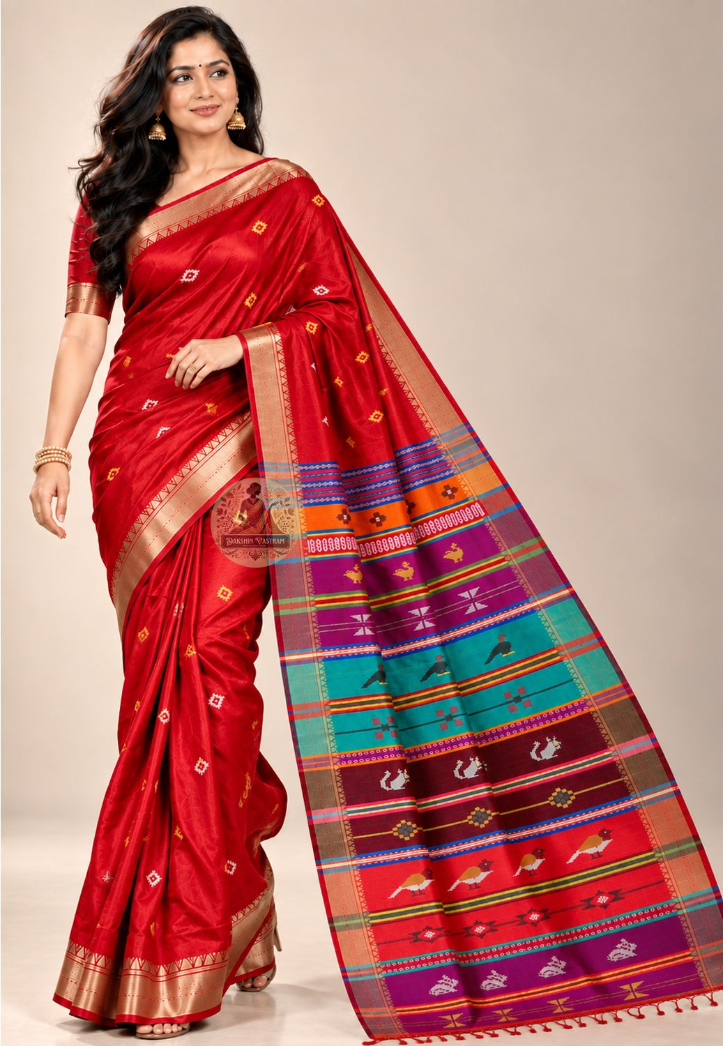 Front view of Bishnupur Katan silk collector's saree showing smooth structured pure silk body with heritage Bengal buti motifs for Durga Puja and Diwali occasions
