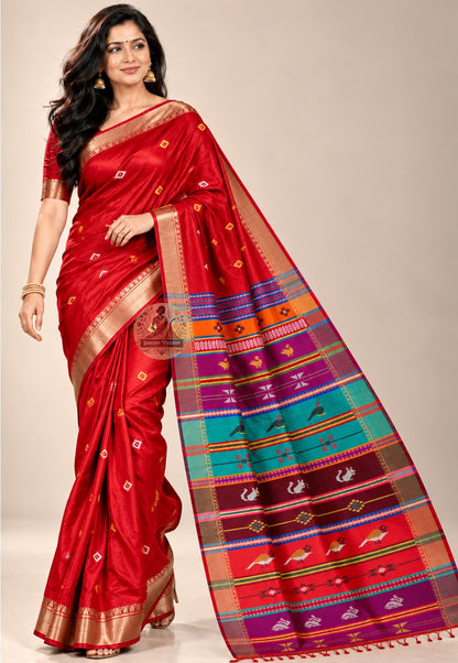 Front view of Bishnupur Katan silk collector's saree showing smooth structured pure silk body with heritage Bengal buti motifs for Durga Puja and Diwali occasions