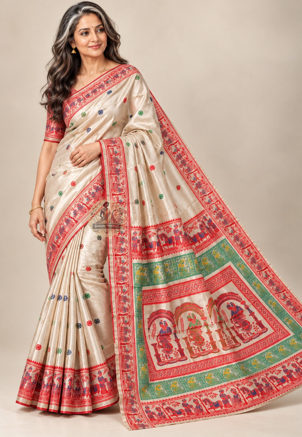 Side view of cream Baluchari silk saree showing the drape and contrasting red border