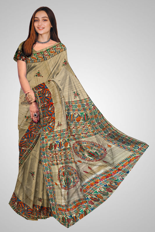 Buy Ghicha Tussar Silk Saree – Front view showcasing traditional handloom finish