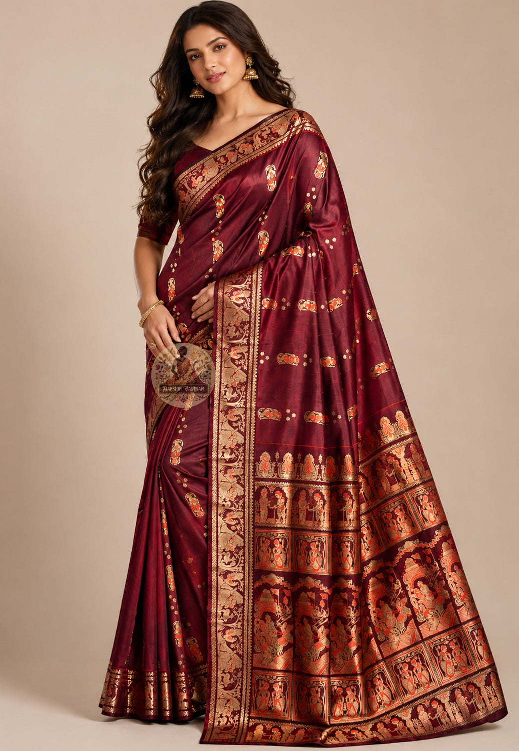 Front view of deep wine Swarnachari Silk Saree with golden zari Ramayana forest exile pallu and Shakuntala with deer border Bishnupur Bengal