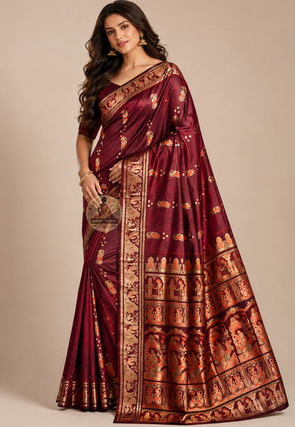 Front view of deep wine Swarnachari Silk Saree with golden zari Ramayana forest exile pallu and Shakuntala with deer border Bishnupur Bengal