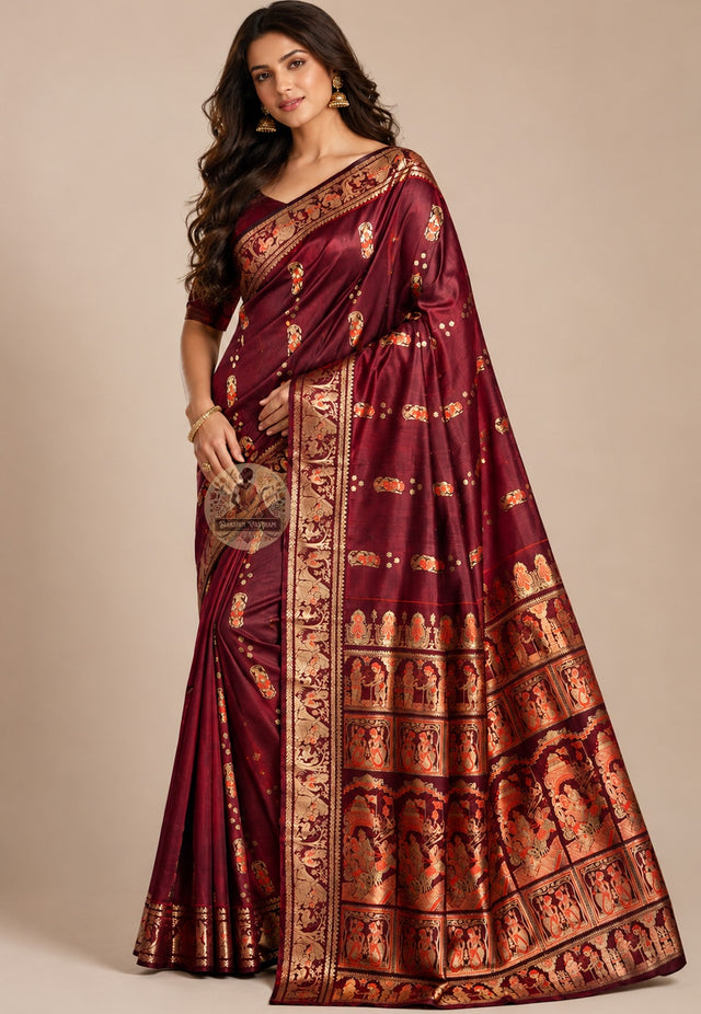 Front view of deep wine Swarnachari Silk Saree with golden zari Ramayana forest exile pallu and Shakuntala with deer border Bishnupur Bengal