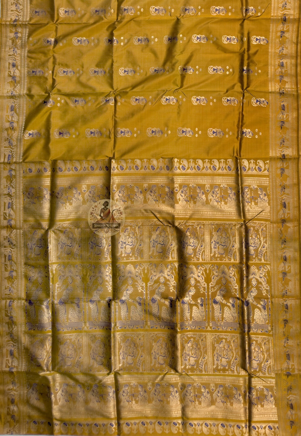 Rear view of handloom Swarnachari cotton saree displaying full pallu with traditional golden Swarnachari motifs