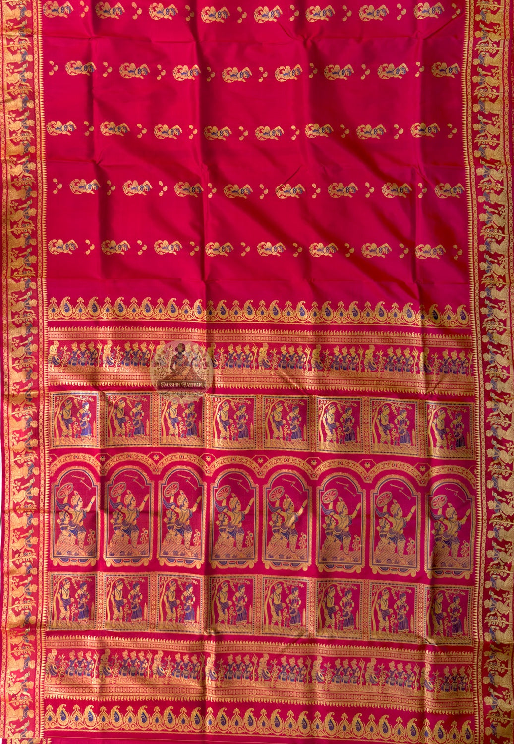 Side view of Baluchari Silk Saree showing fluid silk drape and handloom woven flowering creeper narrative border