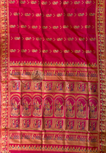 Side view of Baluchari Silk Saree showing fluid silk drape and handloom woven flowering creeper narrative border