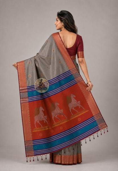 Side view of Bishnupur Pure Katan Silk Saree showing ceremonial Durga Puja drape and Bengal scroll handloom border
