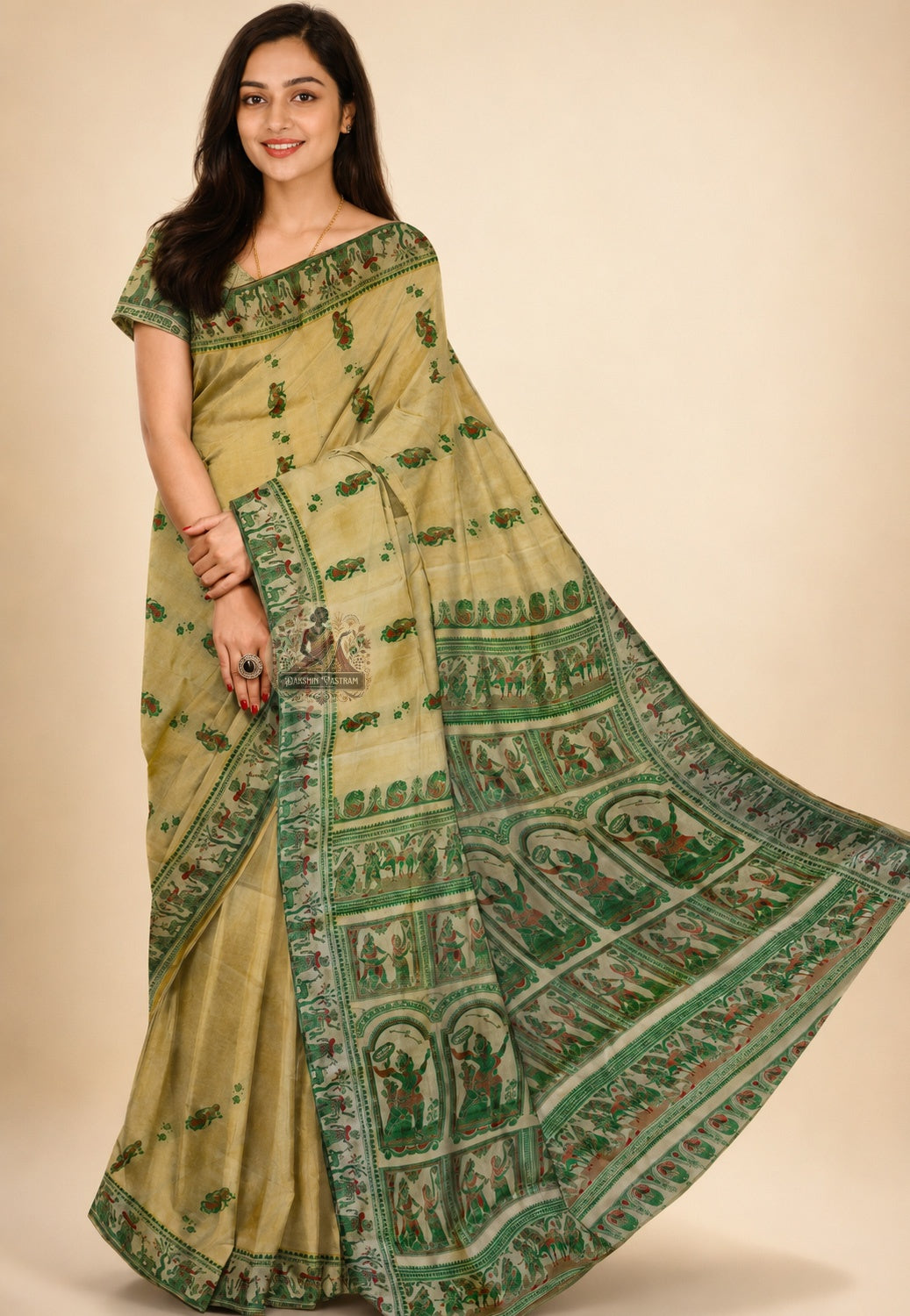 Side view of handwoven Beige Baluchari Silk Saree displaying fluid pure silk drape and hand-woven border, crafted for weddings and cultural celebrations in UK, USA, EU and India