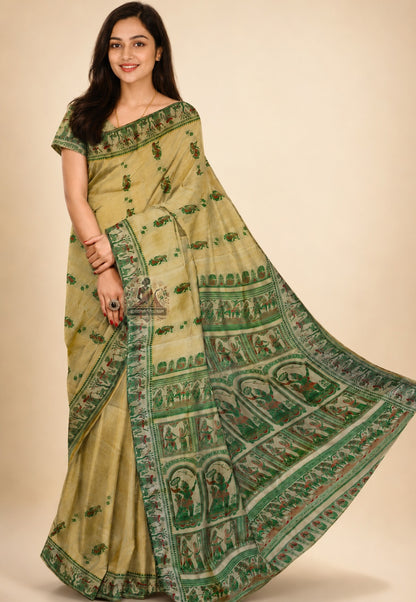 Side view of handwoven Beige Baluchari Silk Saree displaying fluid pure silk drape and hand-woven border, crafted for weddings and cultural celebrations in UK, USA, EU and India