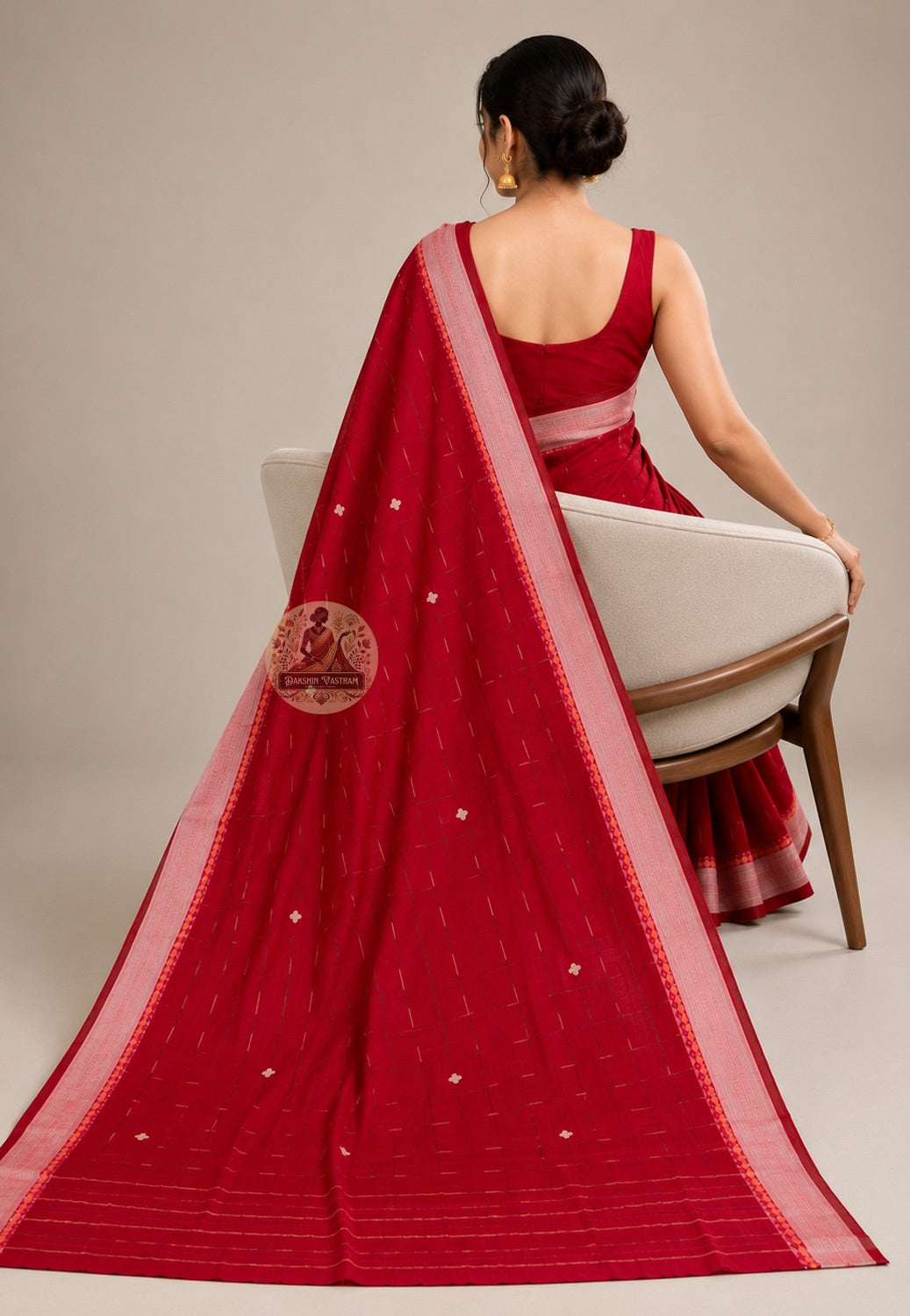 Rear view of pure cotton handloom saree with pallu falling gracefully over the shoulder
